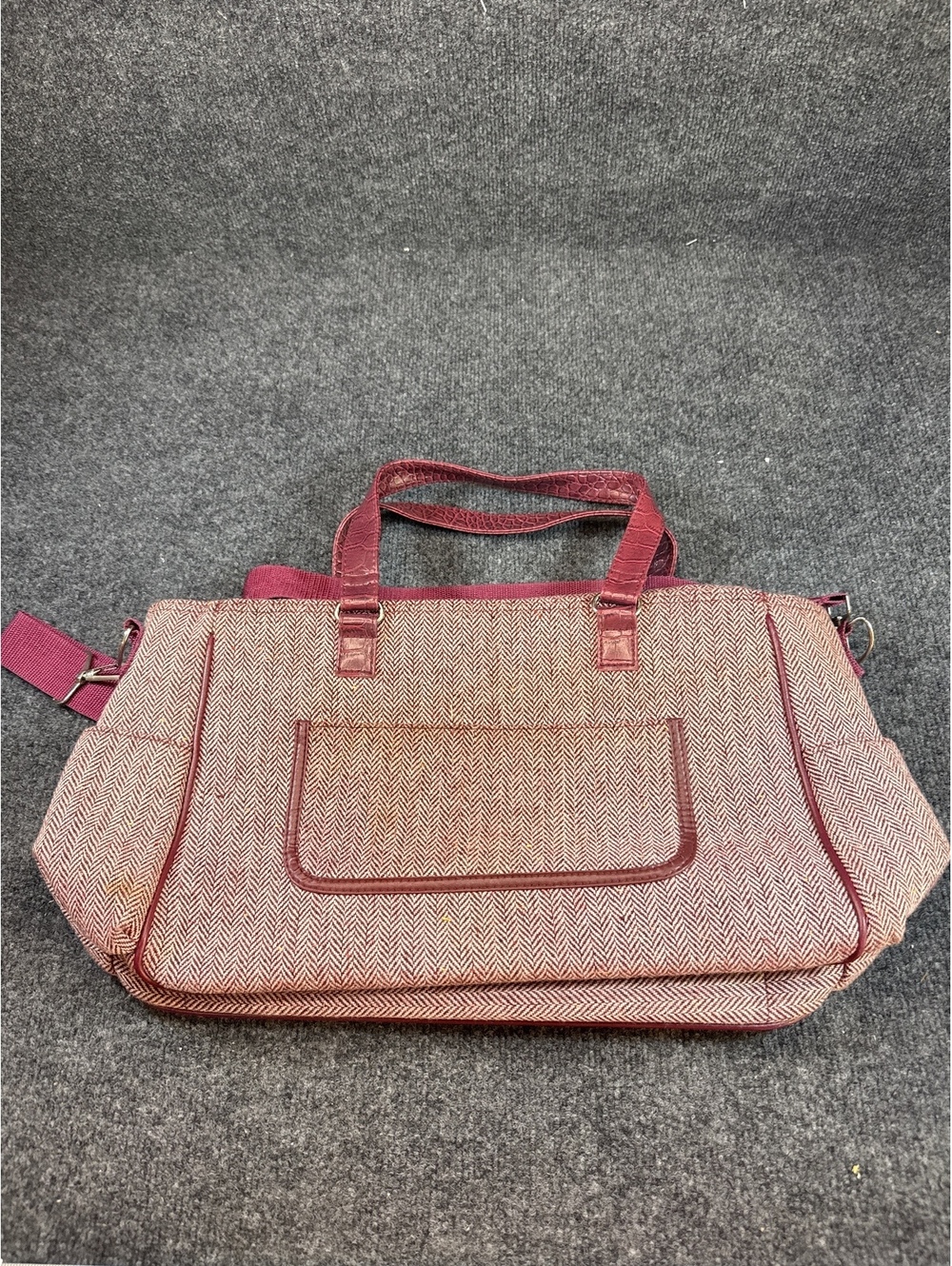 Womens Red Herringbone Weekender Duffel Bag Carry On Travel Shoulder Tote